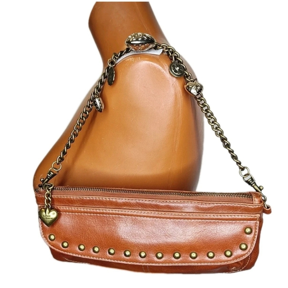 Vtg Y2k Kathy Van Zeeland Brown Clutch Purse Brass Charm Brass Chain Strap